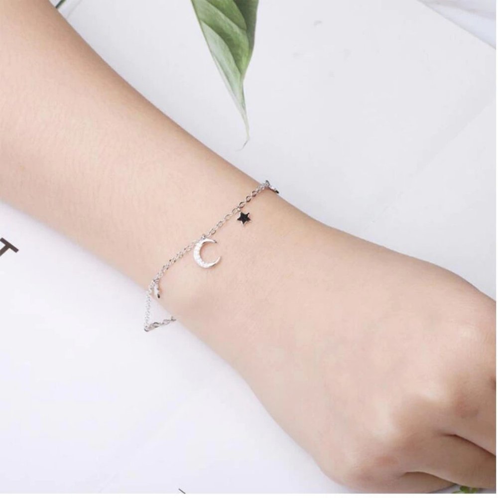 925 Sterling Silver Diamond Moon Star Bracelet A - Picture 4 of 8